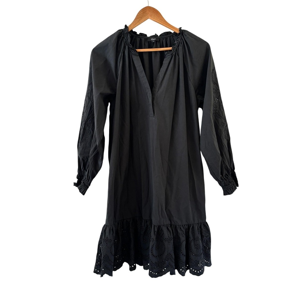 Rails Saylor Eyelet Dress Womens M Black Boho Ruffle Neck Hem Long Sleeve READ